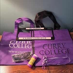 Curry College license plate holder & totebags